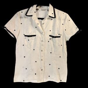 Vintage Richard Malcolm 100% Irish Linen Polka Dot Bows Shirt Black & White